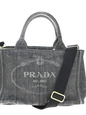 PRADA Logo Canapa 2Way Shoulder Hand Bag Denim Canvas Leather Black GHW 70CB194